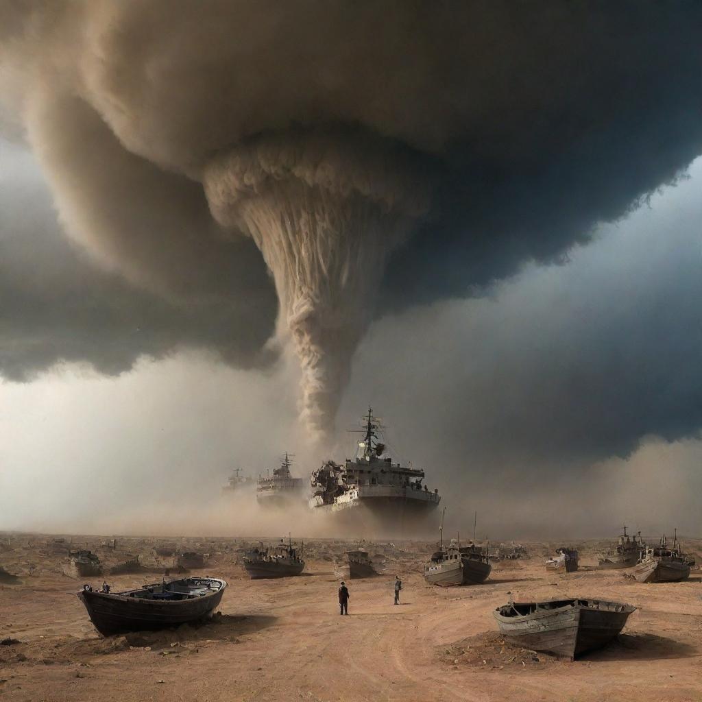 The tornado hurls the ships into the air, creating a bizarre spectacle above. The villagers, now on the desert's edge, look up in disbelief as the sky turns into a theatre of flying ships.