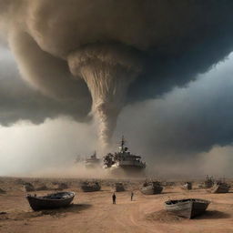 The tornado hurls the ships into the air, creating a bizarre spectacle above. The villagers, now on the desert's edge, look up in disbelief as the sky turns into a theatre of flying ships.