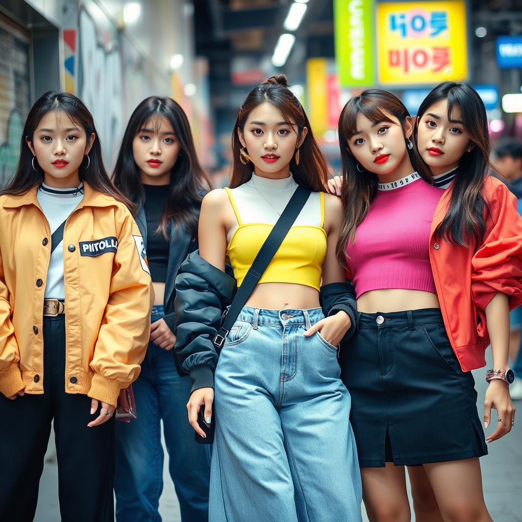 A group of young, stylish Korean women wearing trendy, fashionable outfits that embrace modern streetwear