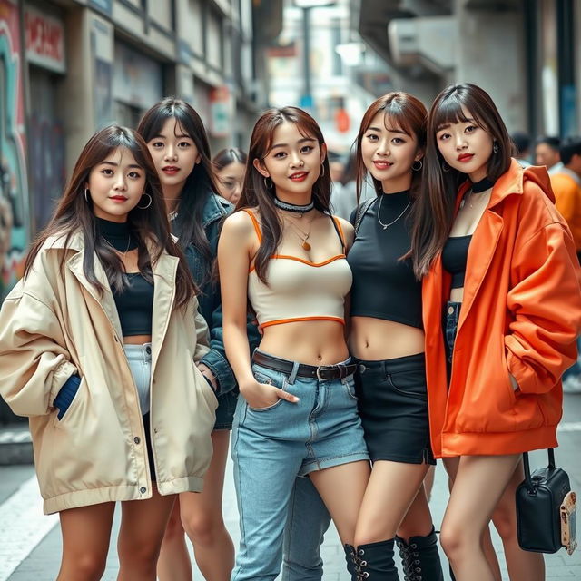 A group of young, stylish Korean women wearing trendy, fashionable outfits that embrace modern streetwear