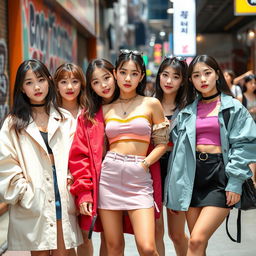 A group of young, stylish Korean women wearing trendy, fashionable outfits that embrace modern streetwear