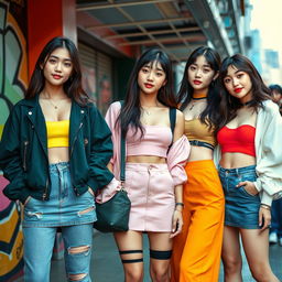 A group of young, stylish Korean women wearing trendy, fashionable outfits that embrace modern streetwear