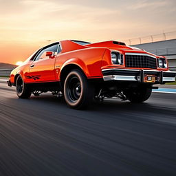 A modified 1976 Malibu in a striking orange and black color scheme, designed for drag racing