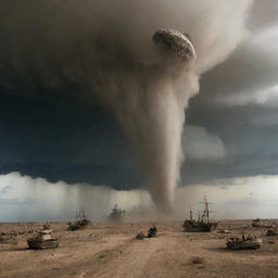 The tornado hurls the ships into the air, creating a bizarre spectacle above. The villagers, now on the desert's edge, look up in disbelief as the sky turns into a theatre of flying ships.