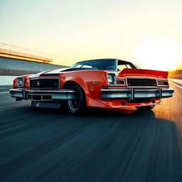A modified 1976 Malibu in a striking orange and black color scheme, designed for drag racing