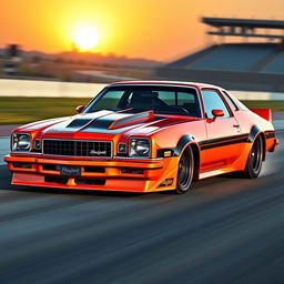 A modified 1976 Malibu in a striking orange and black color scheme, designed for drag racing