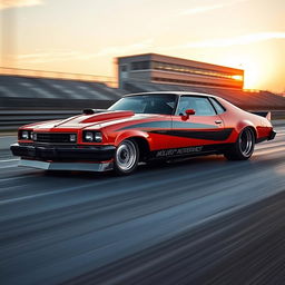 A modified 1976 Malibu in a striking orange and black color scheme, designed for drag racing