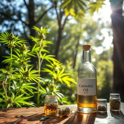 An artistic representation of the therapeutic benefits of cannabis, featuring a serene landscape with plants in various stages of growth, highlighting lush green leaves and a vibrant bud ready for harvest