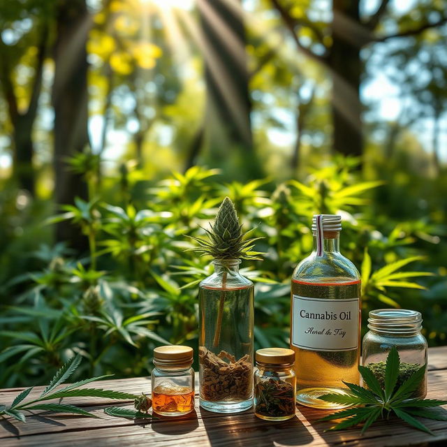 An artistic representation of the therapeutic benefits of cannabis, featuring a serene landscape with plants in various stages of growth, highlighting lush green leaves and a vibrant bud ready for harvest