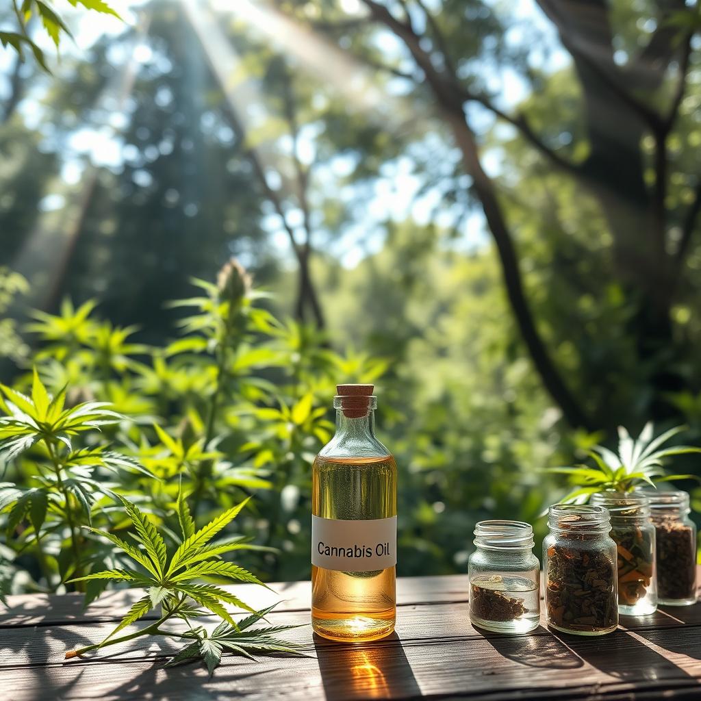 An artistic representation of the therapeutic benefits of cannabis, featuring a serene landscape with plants in various stages of growth, highlighting lush green leaves and a vibrant bud ready for harvest