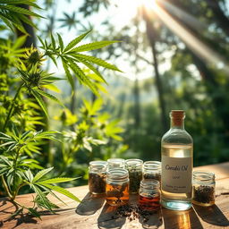 An artistic representation of the therapeutic benefits of cannabis, featuring a serene landscape with plants in various stages of growth, highlighting lush green leaves and a vibrant bud ready for harvest