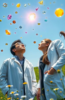 A male and female scientist gazing up in awe at a clear blue sky, surrounded by floating, radiant jewels of various sizes and colors