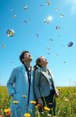 A male and female scientist gazing up in awe at a clear blue sky, surrounded by floating, radiant jewels of various sizes and colors