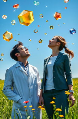 A male and female scientist gazing up in awe at a clear blue sky, surrounded by floating, radiant jewels of various sizes and colors