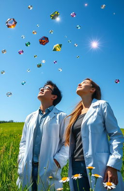 A male and female scientist gazing up in awe at a clear blue sky, surrounded by floating, radiant jewels of various sizes and colors