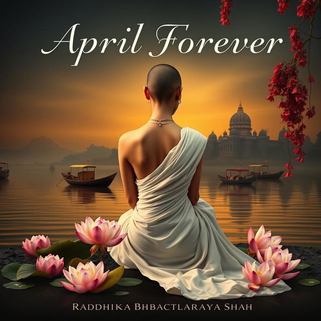 A serene book cover depicting a slender woman with a tonsured head, dressed in a flowing white sari, sitting on the banks of the Ganges at dark dusk