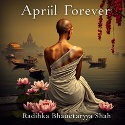 A serene book cover depicting a slender woman with a tonsured head, dressed in a flowing white sari, sitting on the banks of the Ganges at dark dusk