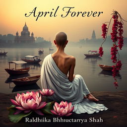A serene book cover depicting a slender woman with a tonsured head, dressed in a flowing white sari, sitting on the banks of the Ganges at dark dusk