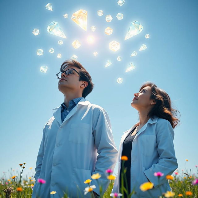 A male and female scientist looking up at a bright blue sky, mesmerized by an array of powerful, glowing jewels floating gracefully in the air around them