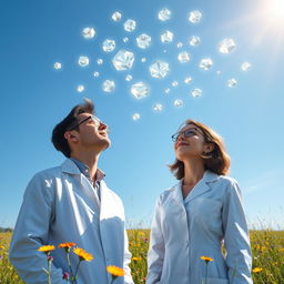 A male and female scientist looking up at a bright blue sky, mesmerized by an array of powerful, glowing jewels floating gracefully in the air around them