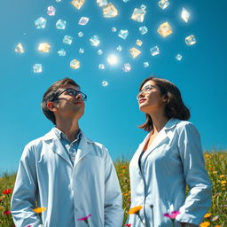 A male and female scientist looking up at a bright blue sky, mesmerized by an array of powerful, glowing jewels floating gracefully in the air around them