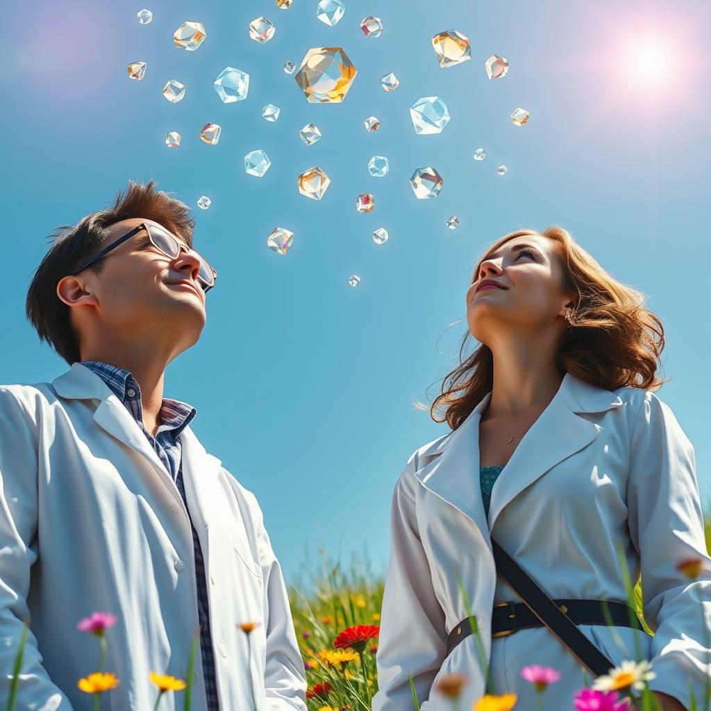 A male and female scientist looking up at a bright blue sky, mesmerized by an array of powerful, glowing jewels floating gracefully in the air around them