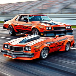 A modified 1976 Malibu special edition 2-door car, featuring a striking orange and black color scheme designed for competition