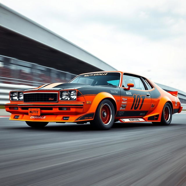 A modified 1976 Malibu special edition 2-door car, featuring a striking orange and black color scheme designed for competition