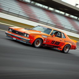 A modified 1976 Malibu special edition 2-door car, featuring a striking orange and black color scheme designed for competition