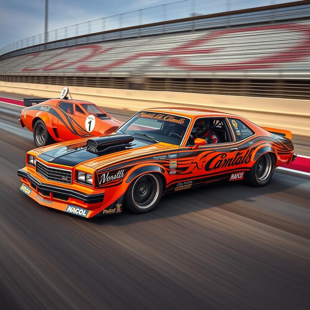 A modified 1976 Malibu special edition 2-door car, featuring a striking orange and black color scheme designed for competition