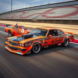 A modified 1976 Malibu special edition 2-door car, featuring a striking orange and black color scheme designed for competition