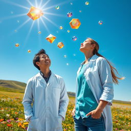 A male and female scientist exploring a vast, open landscape, looking up in awe at a bright blue sky filled with floating, radiant jewels