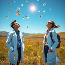 A male and female scientist exploring a vast, open landscape, looking up in awe at a bright blue sky filled with floating, radiant jewels