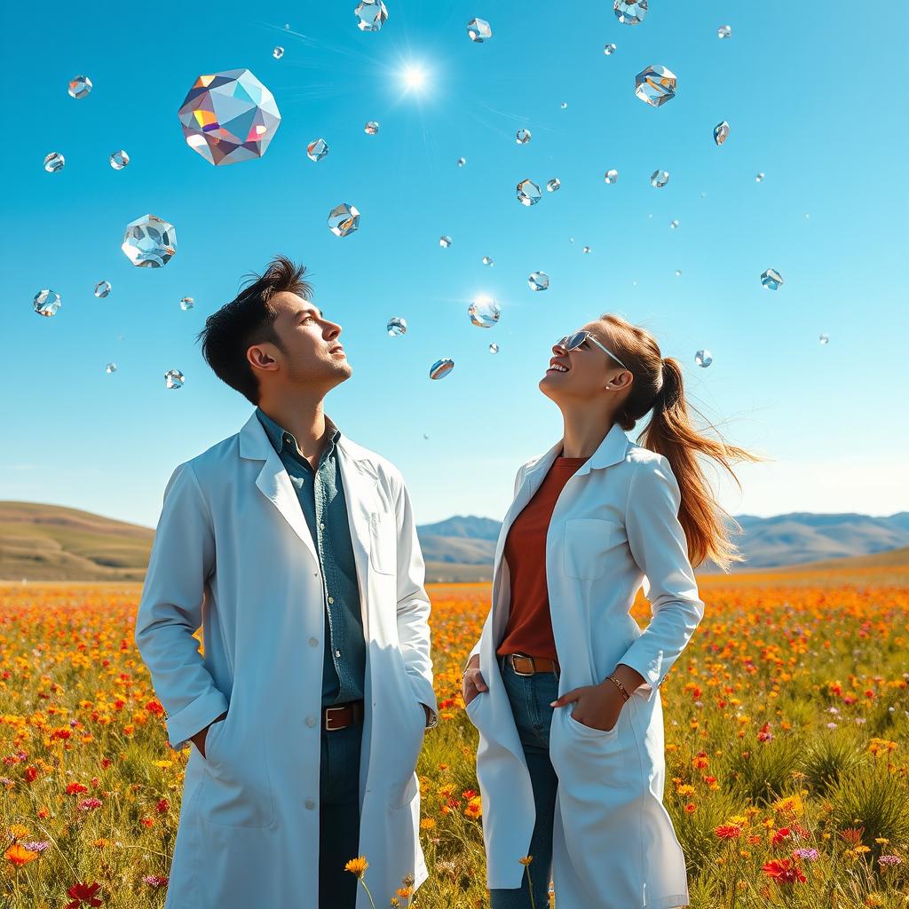 A male and female scientist exploring a vast, open landscape, looking up in awe at a bright blue sky filled with floating, radiant jewels