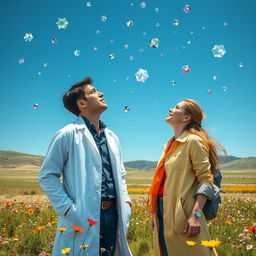 A male and female scientist exploring a vast, open landscape, looking up in awe at a bright blue sky filled with floating, radiant jewels