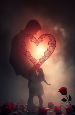 A poetic representation capturing the essence of love intertwined with mystery, showcasing intertwined hearts surrounded by mist and soft light, creating an ethereal atmosphere