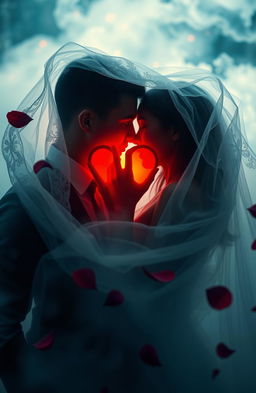 A poetic representation capturing the essence of love intertwined with mystery, showcasing intertwined hearts surrounded by mist and soft light, creating an ethereal atmosphere