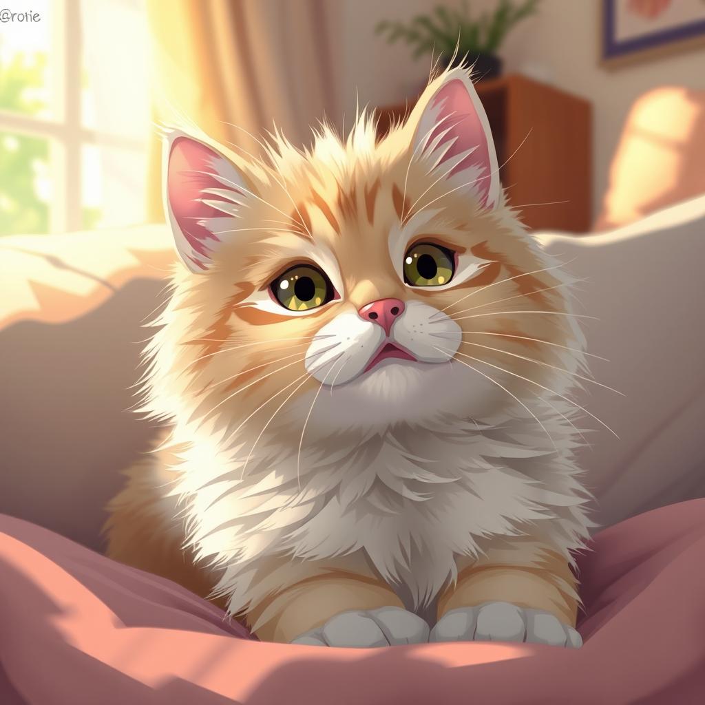 A beautiful, erotic art piece featuring a close-up illustration of a cat, showcasing its fluffy fur, bright eyes, and playful demeanor in a warm, inviting setting with soft lighting