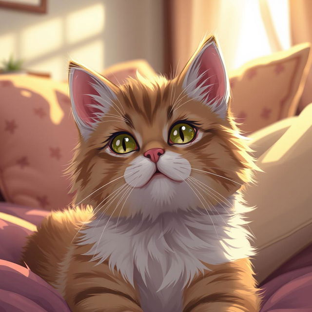 A beautiful, erotic art piece featuring a close-up illustration of a cat, showcasing its fluffy fur, bright eyes, and playful demeanor in a warm, inviting setting with soft lighting