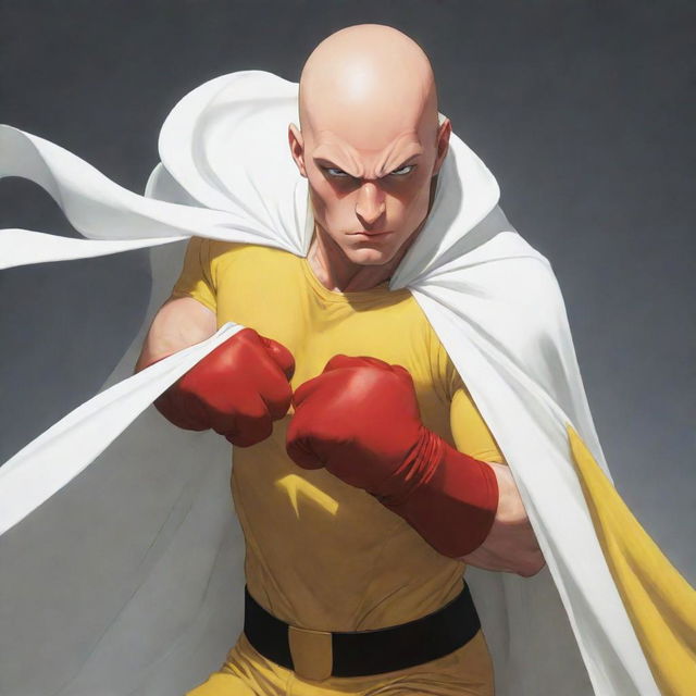 Anime-style art of a bald superhero in a yellow shirt, red gloves, and a billowing white cloak. His eyes glow with the power of his renowned one punch strength.