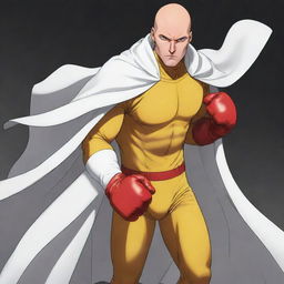 Anime-style art of a bald superhero in a yellow shirt, red gloves, and a billowing white cloak. His eyes glow with the power of his renowned one punch strength.