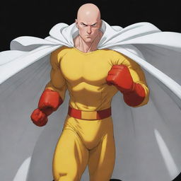 Anime-style art of a bald superhero in a yellow shirt, red gloves, and a billowing white cloak. His eyes glow with the power of his renowned one punch strength.