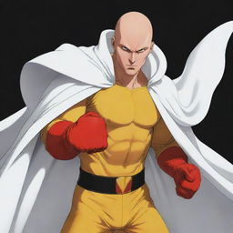 Anime-style art of a bald superhero in a yellow shirt, red gloves, and a billowing white cloak. His eyes glow with the power of his renowned one punch strength.