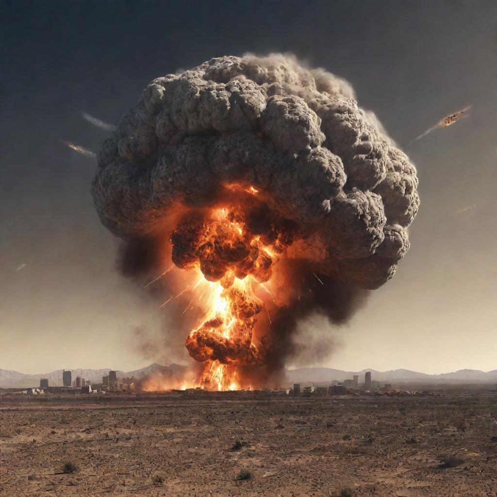 The meteor collides with the earth, causing a gargantuan explosion that sends powerful shockwaves rippling through the desert, reaching a large city in the distance.