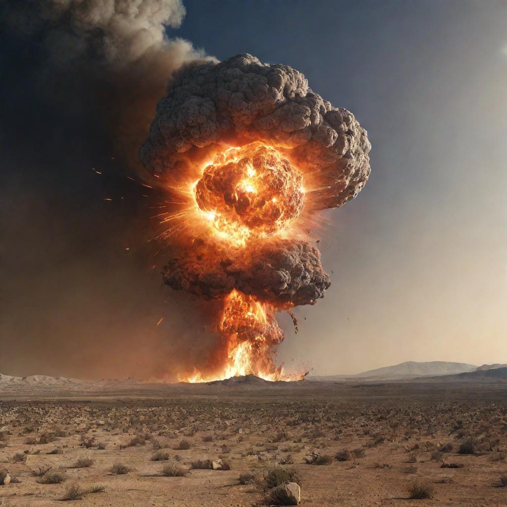 The meteor collides with the earth, causing a gargantuan explosion that sends powerful shockwaves rippling through the desert, reaching a large city in the distance.