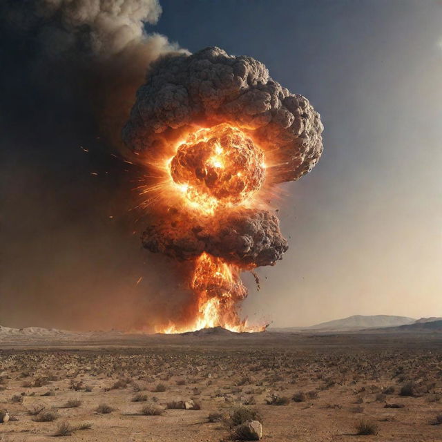 The meteor collides with the earth, causing a gargantuan explosion that sends powerful shockwaves rippling through the desert, reaching a large city in the distance.