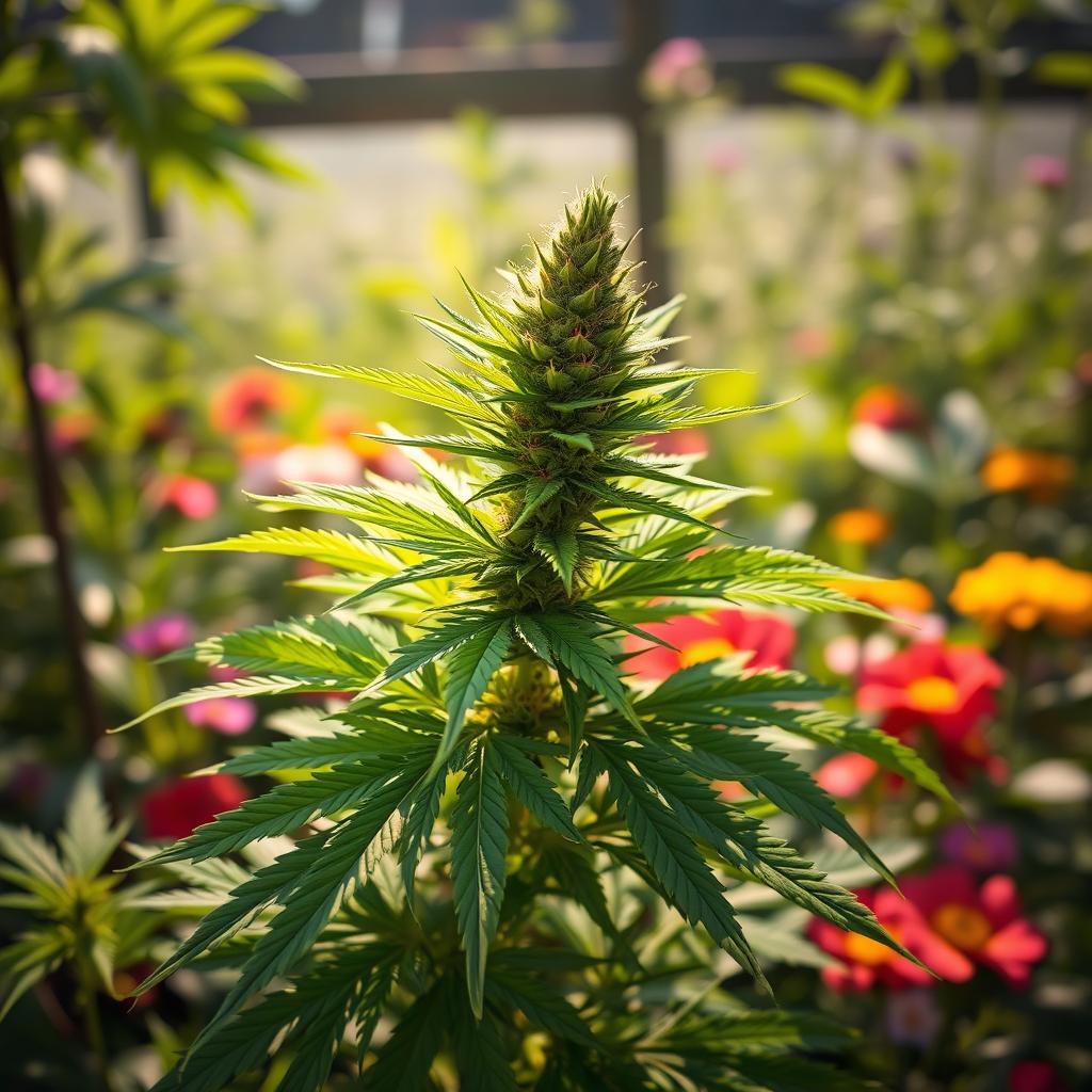 A vibrant and lush cannabis plant in a sunlit environment, showcasing the rich green leaves and developing buds, with the backdrop of a serene and peaceful garden