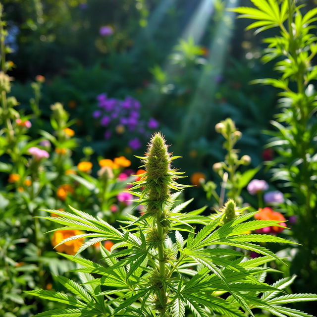 A vibrant and lush cannabis plant in a sunlit environment, showcasing the rich green leaves and developing buds, with the backdrop of a serene and peaceful garden