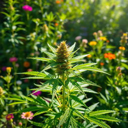 A vibrant and lush cannabis plant in a sunlit environment, showcasing the rich green leaves and developing buds, with the backdrop of a serene and peaceful garden