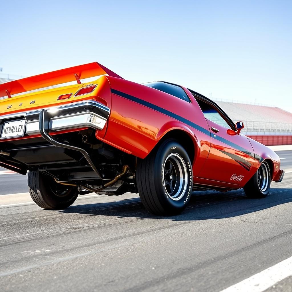 A stunning 1976 Malibu, modified for street racing, featuring a vibrant orange and black color scheme